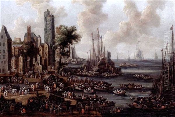 A Harbour Scene With Figures Unloading Their Wares From Boats Oil Painting by Pieter Casteels the Younger