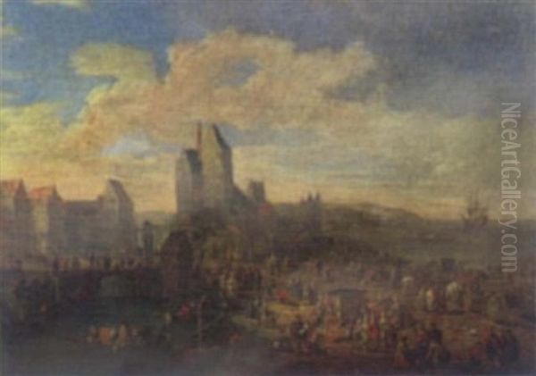 Port Scene With Figures Oil Painting by Pieter Casteels the Younger