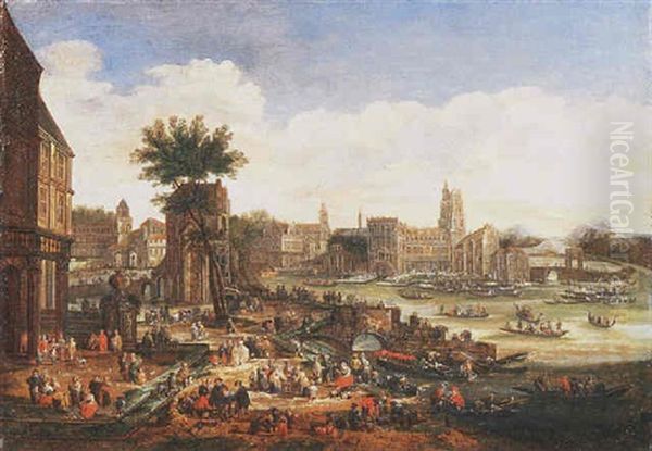 A Capriccio Of A Port With Numerous Figures And Shipping Oil Painting by Pieter Casteels the Younger