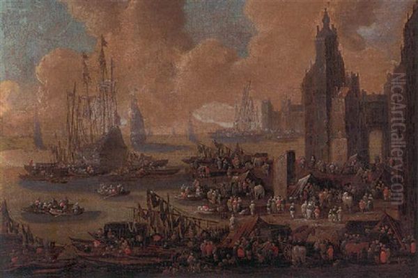 A Capriccio Of A Northern Harbour, With Townsfolk, Merchants, Stevedores And Sailors On The Quays And In Boats Oil Painting by Pieter Casteels the Younger