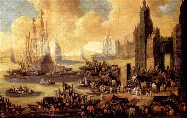 A Capriccio Of A Harbour Scene With Numerous Figures On The Quayside, A Merchant And Other Vessels In Calm Waters Oil Painting by Pieter Casteels the Younger