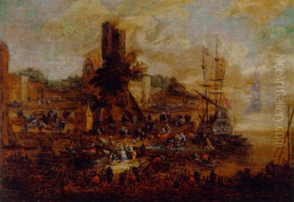 A Quayside With Numerous Figures Oil Painting by Pieter Casteels the Younger