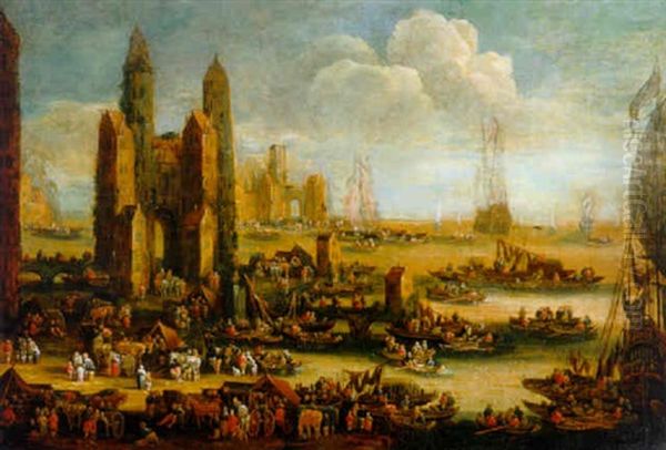 A Capriccio Of A Coastal Estuary With A Market On The Shore Oil Painting by Pieter Casteels the Younger