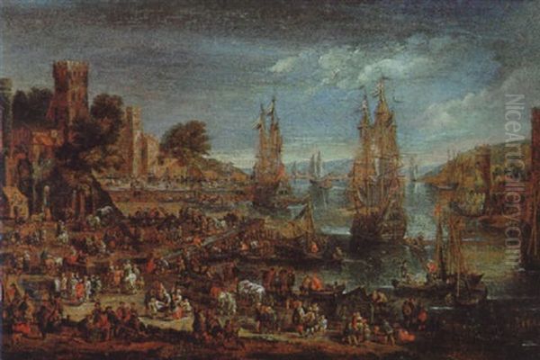 Sudliche Hafenstadt Mit Dreimastern Und Anderen Schiffen Sowie Vielen Figuren Oil Painting by Pieter Casteels the Younger