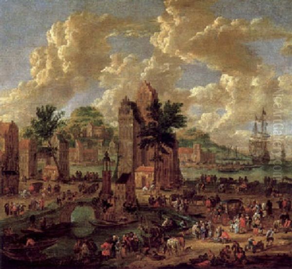 Blick Auf Eine Hafenstadt Mit Vielen Figuren Und Schiffen Oil Painting by Pieter Casteels the Younger