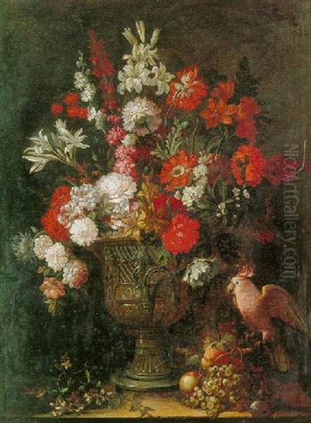 Elaborate Still Life Of Flowers In An Urn Resting On A Ledge With Fruit And A Cockatoo Oil Painting by Pieter Casteels the Younger