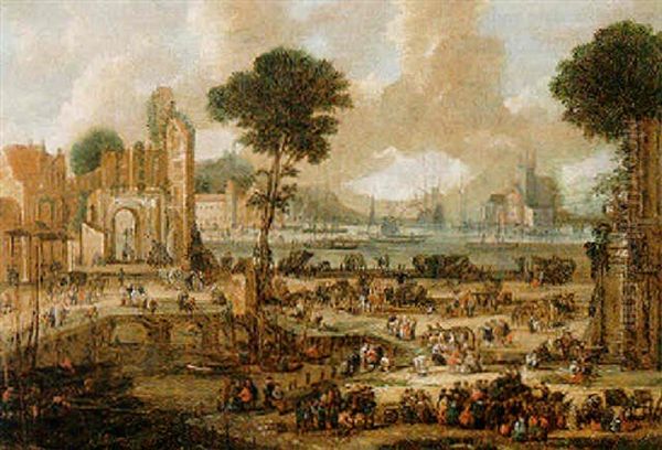 An Extensive Harbour Scene With Figures Gathering On The Shore Oil Painting by Pieter Casteels the Younger