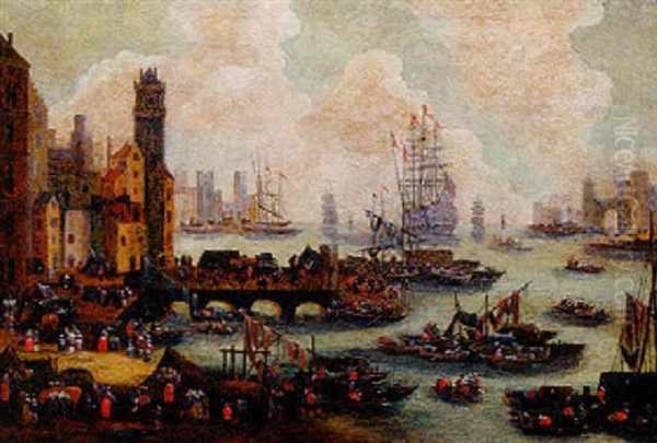 Vue D'un Port Mediterraneen Anime De Personnages Oil Painting by Pieter Casteels the Younger