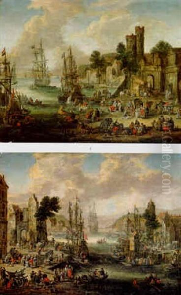 Harbor With Numerous Figures Oil Painting by Pieter Casteels the Younger