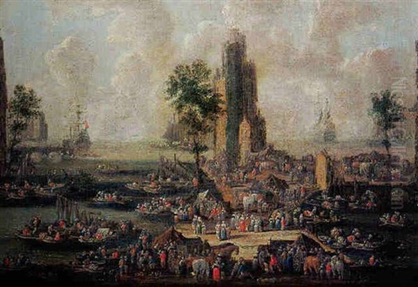 Scene De Port Animee De Nombreux Personnages Oil Painting by Pieter Casteels the Younger