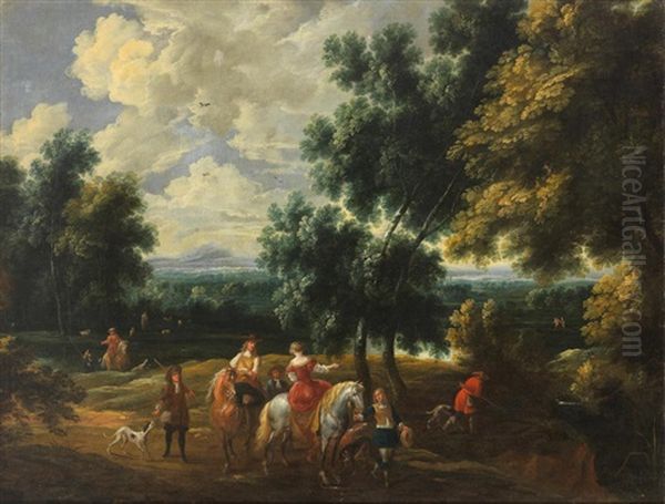 A Hunting Party Before An Extensive Landscape Oil Painting by Alexandre Casteels