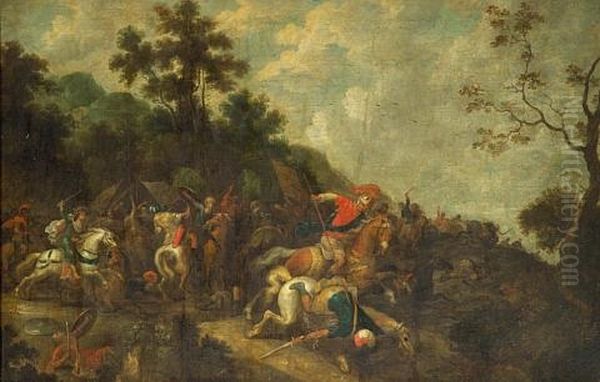 A Military Skirmish Oil Painting by Pauwels Casteels