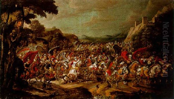 A Cavalry Battle Between Turks And Christians, A Fortified Town Beyond Oil Painting by Pauwels Casteels