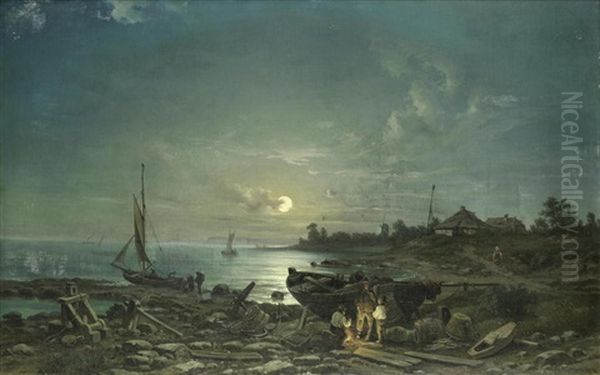 Moonlit Coastal Scene Oil Painting by Anton Castell