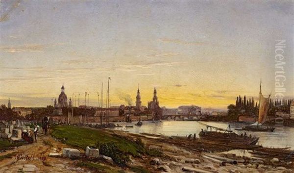 Blick Entlang Der Elbe Auf Dresden Oil Painting by Anton Castell