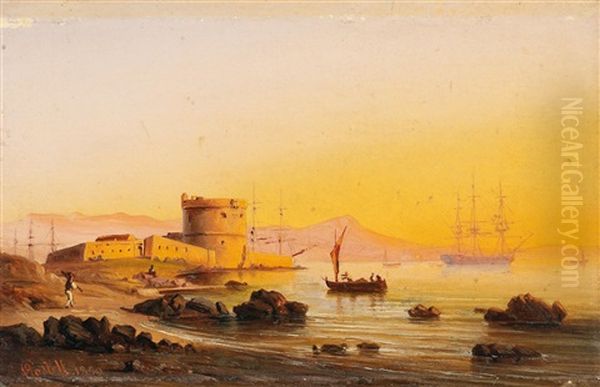 Abenstimmung Uber Einem Befestigten Hafen Am Mittelmeer (toulon?) Oil Painting by Anton Castell