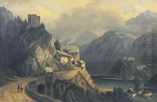 Die Tiroler Passtrase Am Fernsteinsee Mit Blick Auf Die Insel Mit Der Ruine Des Jagdschlosses Sigmundsburg Oil Painting by Anton Castell