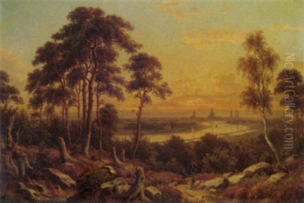 A Figure And Dog Above A Continental River At Dusk, With A Town Beyond Oil Painting by Anton Castell