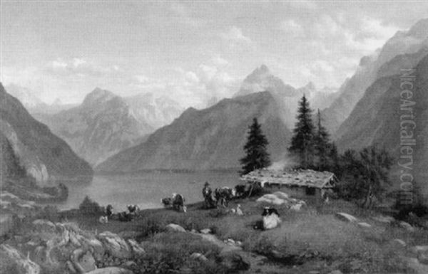 Schafer An Einem Gebirgsee In Den Alpen Oil Painting by Anton Castell