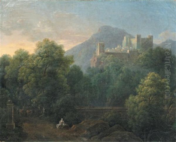 Un Berger Et Son Troupeau De Vaches Dans Un Paysage Avec Un Chateau Oil Painting by Antoine-Laurent Castellan