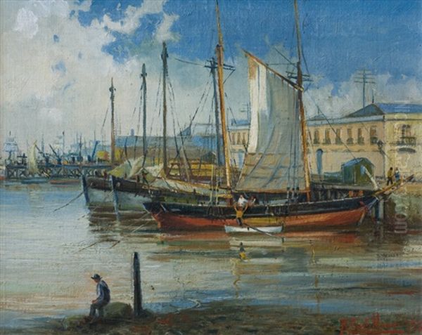 Fragatas En El Muelle Oil Painting by Roberto Castellanos