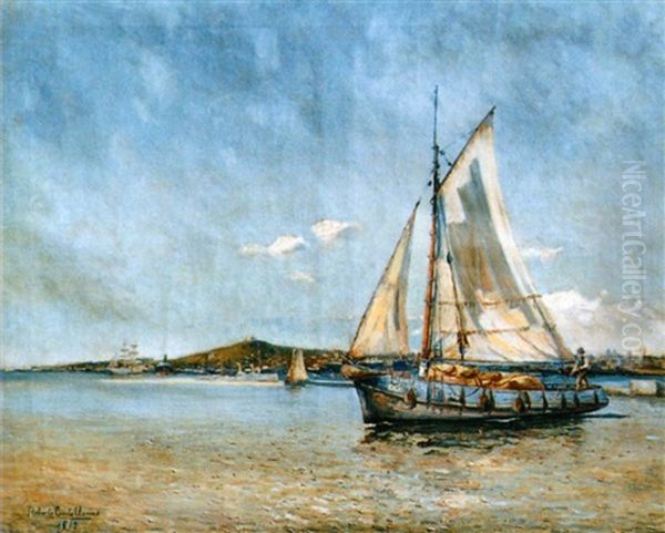 Velero En El Puerto De Montevideo Oil Painting by Roberto Castellanos