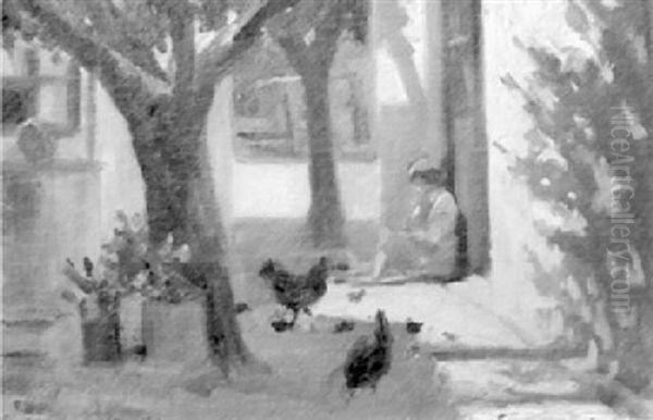 Joven En El Patio Y Gallinas by Roberto Castellanos