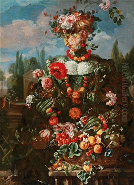 An Anthropomorphic Allegory Of Spring; An Anthropomorphic Allegory Of Summer; An Anthropomorphic Allegory Of Autumn; An Anthropomorphic Allegory Of Winter (4 Works) Oil Painting by Giovanni Paolo Castelli (lo Spadino)