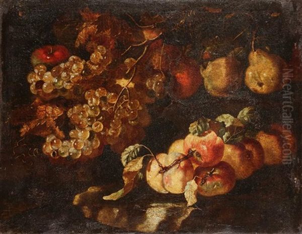 Nature Morte De Grappes De Raisin Et Pommes Sur Un Entablement Oil Painting by Giovanni Paolo Castelli (lo Spadino)