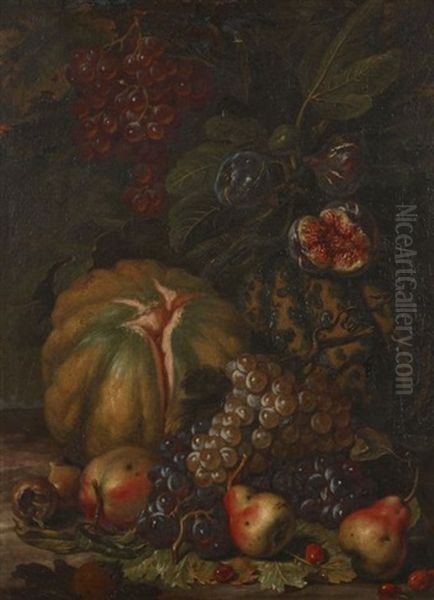 Composition Aux Melons, Poires, Figues Et Raisins Oil Painting by Giovanni Paolo Castelli (lo Spadino)