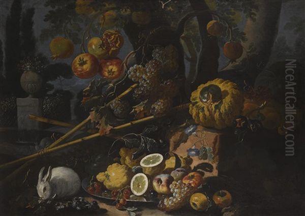 Fruit On A Pewter Plate, With A Rabbit On A Forest Floor Oil Painting by Giovanni Paolo Castelli (lo Spadino)