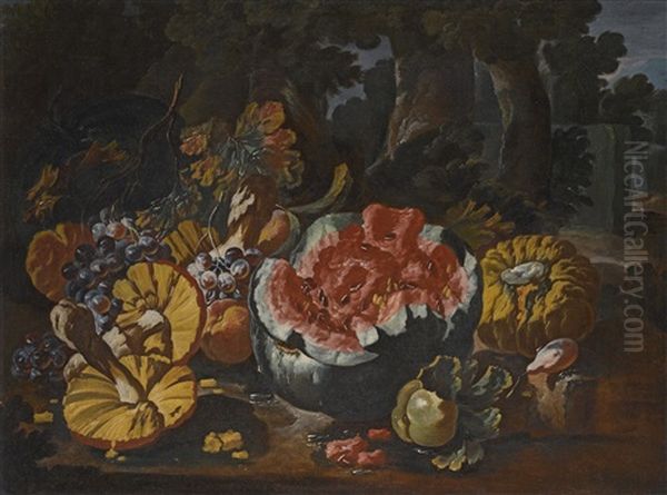 Mushrooms, Melons, Grapes And Other Fruit On A Forest Floor Oil Painting by Giovanni Paolo Castelli (lo Spadino)