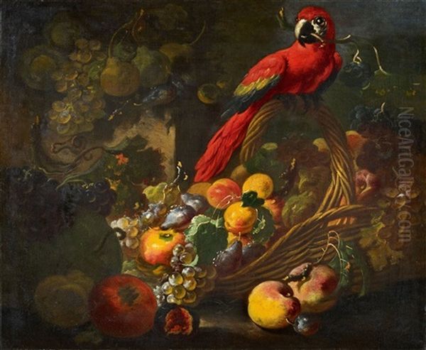 Fruit Still Life With A Parrot Oil Painting by Giovanni Paolo Castelli (lo Spadino)