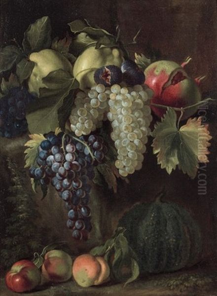 Coings, Grenade Et Grappes De Raisins Poses Sur Une Pierre Oil Painting by Giovanni Paolo Castelli (lo Spadino)