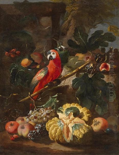 Still Life With Grapes, Peaches, Pumpkin, Figs And A Parrot Oil Painting by Giovanni Paolo Castelli (lo Spadino)