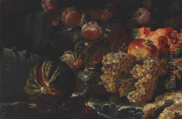 Melons, Grapes, Roses, Morning Glory, And A Pomegranate In A River Landscape Oil Painting by Giovanni Paolo Castelli (lo Spadino)