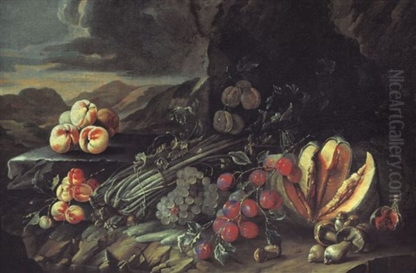 Natura Morta Con Frutta E Verdura Entro Paesaggio Oil Painting by Giovanni Paolo Castelli (lo Spadino)