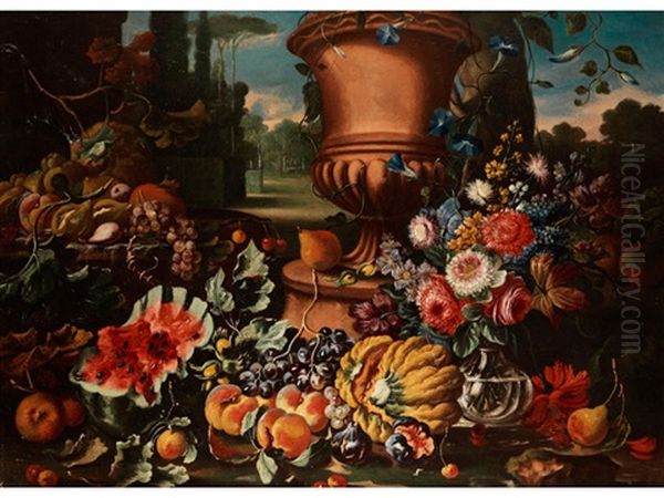 Grosses Fruchtstilleben Mit Blumen Und Vase In Einem Park by Giovanni Paolo Castelli (lo Spadino)