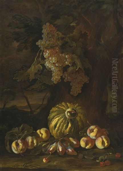 Still Life With Melon, Apples, Figs And Grapes Oil Painting by Giovanni Paolo Castelli (lo Spadino)