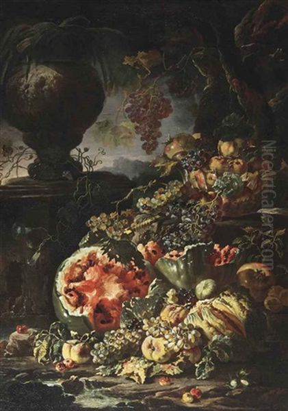 Watermelons, Apples, Grapes And Other Fruit, A Glass Bowl Filled With Apples And A Pomegranate, A Stone Garden Vase, All Set In A Landscape By A Stream Oil Painting by Giovanni Paolo Castelli (lo Spadino)