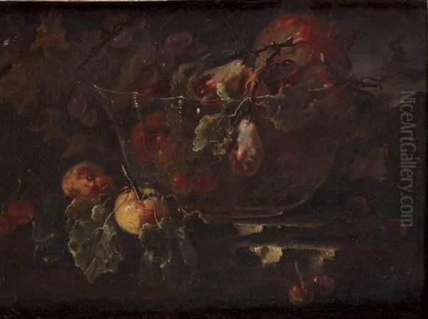 Nature Morte Aux Raisins, Aux Peches Et A La Grenade Et Nature Morte Aux Raisins (pair) Oil Painting by Giovanni Paolo Castelli (lo Spadino)