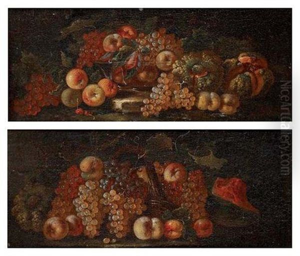 Panier De Fruits Avec Grappes De Raisins (+ Grappes De Raisins, Melons Et Pomme Sur Une Base De Pierre; Pair) by Giovanni Paolo Castelli (lo Spadino)