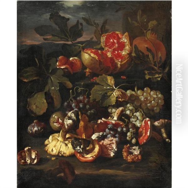 Natura Morta Di Frutta Con Melagrane, Uva, Funghi E Fichi Oil Painting by Giovanni Paolo Castelli (lo Spadino)