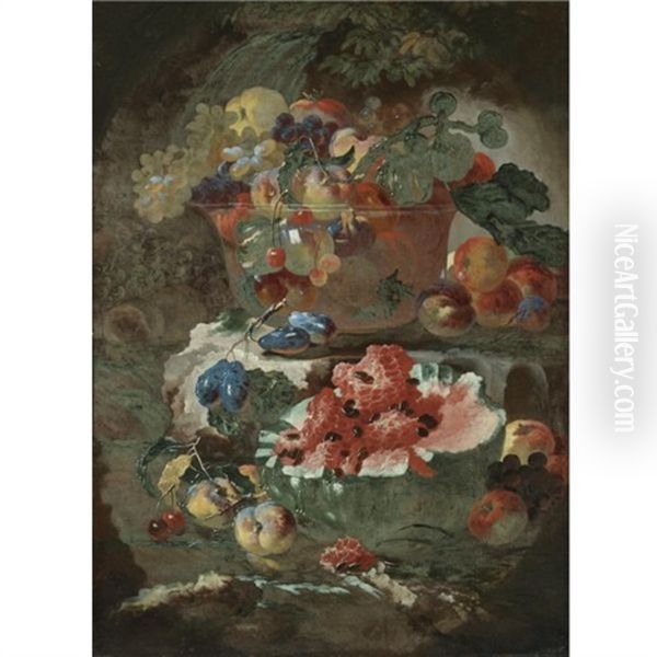 Still Life Of Fruit Including An Open Watermelon, Peaches And Plums, Beneath And Glass Bowl Filled With More Fruit On The Step Above Oil Painting by Giovanni Paolo Castelli (lo Spadino)