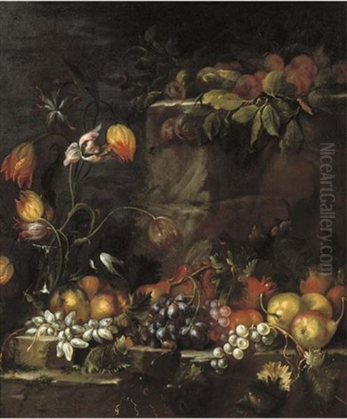 A Glass Vase With Tulips, And Apples, Grapes, Pears And Other Fruit On A Stone Ledge Oil Painting by Giovanni Paolo Castelli (lo Spadino)