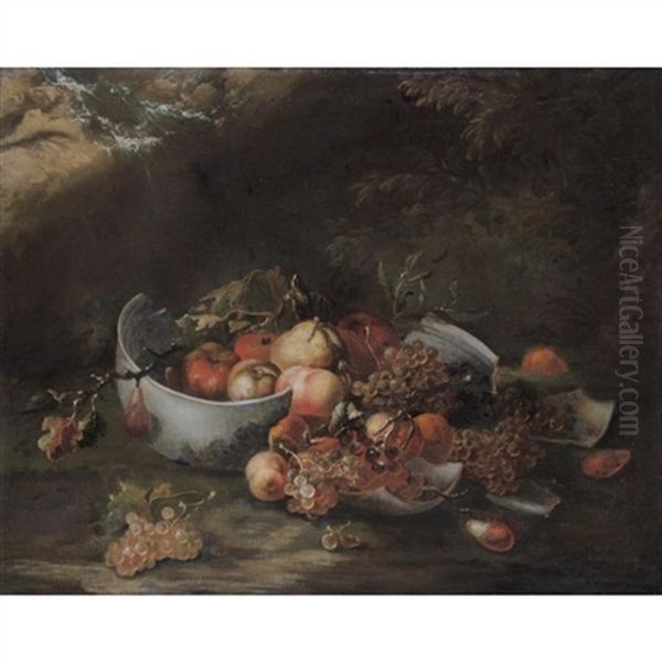 Still Life With A Broken Bowl Together With Apples, Grapes, Peaches, Pears And Various Other Fruit, In A Landscape Oil Painting by Giovanni Paolo Castelli (lo Spadino)