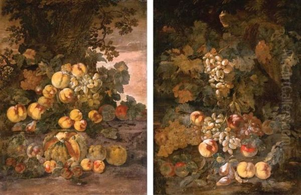 A Melon, Peaches, Plums, Quinces And Grapes By A Tree (+ Grapes, Apples And Peaches In A Wooded Landscape; Pair) Oil Painting by Giovanni Paolo Castelli (lo Spadino)