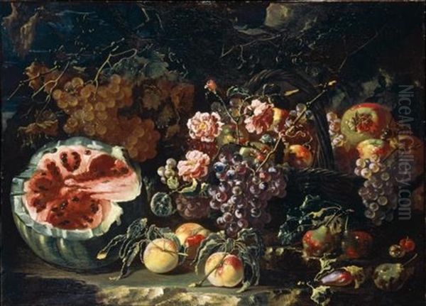 Still Life Of Watermelon, Plums, Peaches And Grapes, Together With A Basket Of Grapes And Pomegranates, All In A Landscape Oil Painting by Giovanni Paolo Castelli (lo Spadino)