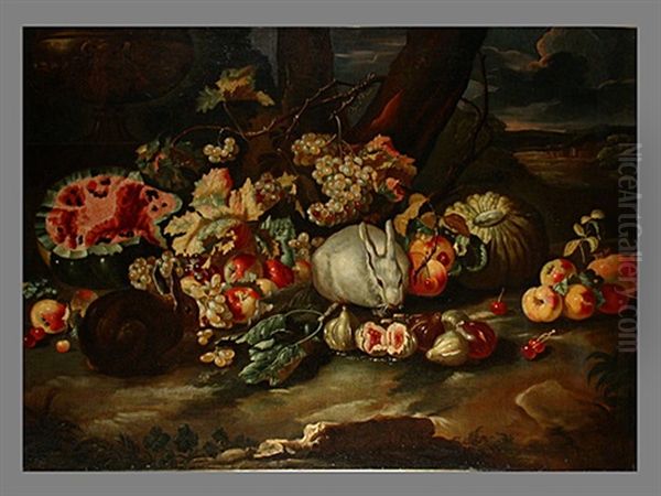 Grosses Fruchtestilleben Mit Zwei Hasen Oil Painting by Giovanni Paolo Castelli (lo Spadino)