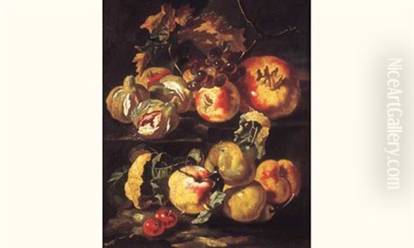 Nature Morte Aux Pommes, Grenade, Figues Et Raisins Sur Un Entablement Oil Painting by Giovanni Paolo Castelli (lo Spadino)